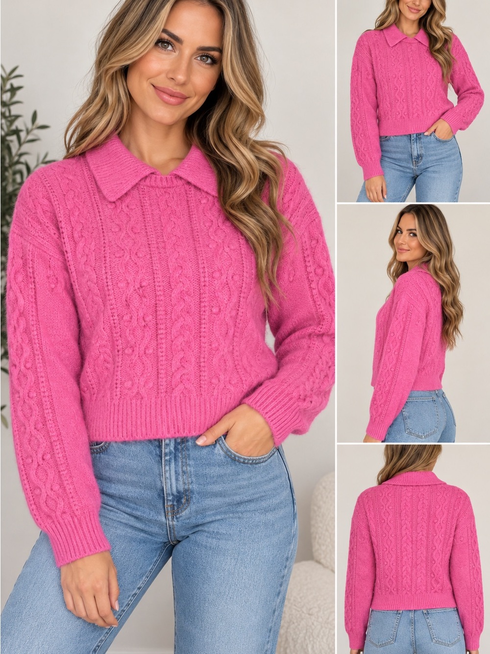 Free People Pink Cable Knit Collared Sweater